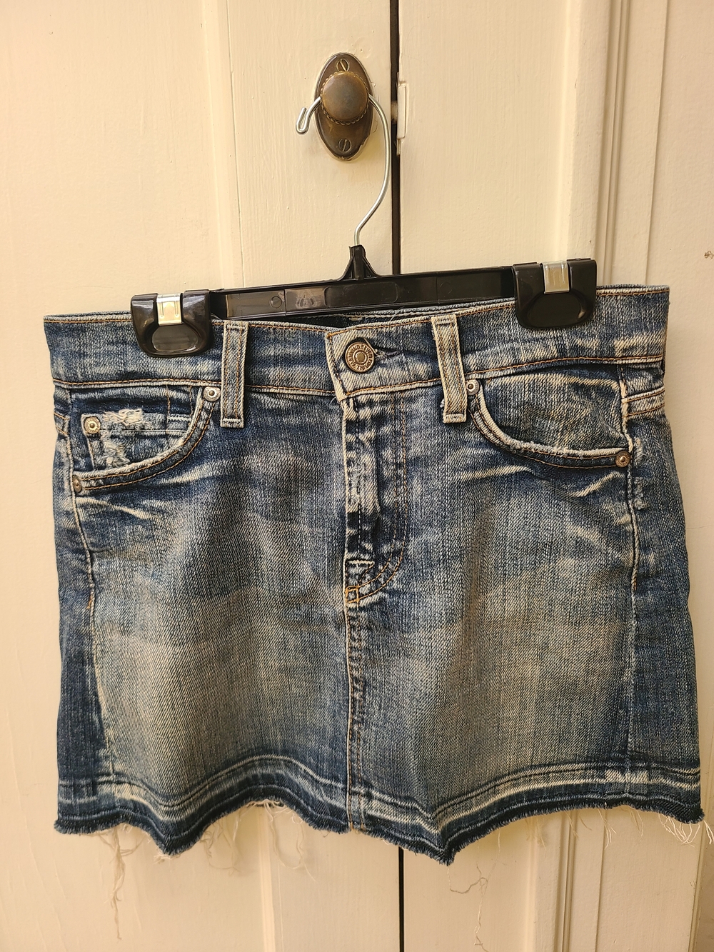 7 For All Mankind Distressed Blue Denim Mini Skirt with Frayed Hem